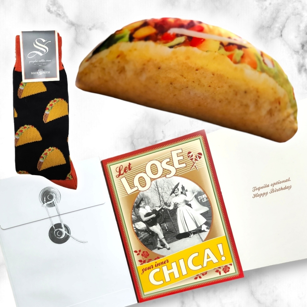Set of Taco Accent Travel Pillow + Taco Crew Socks + Birthday Greeting C…